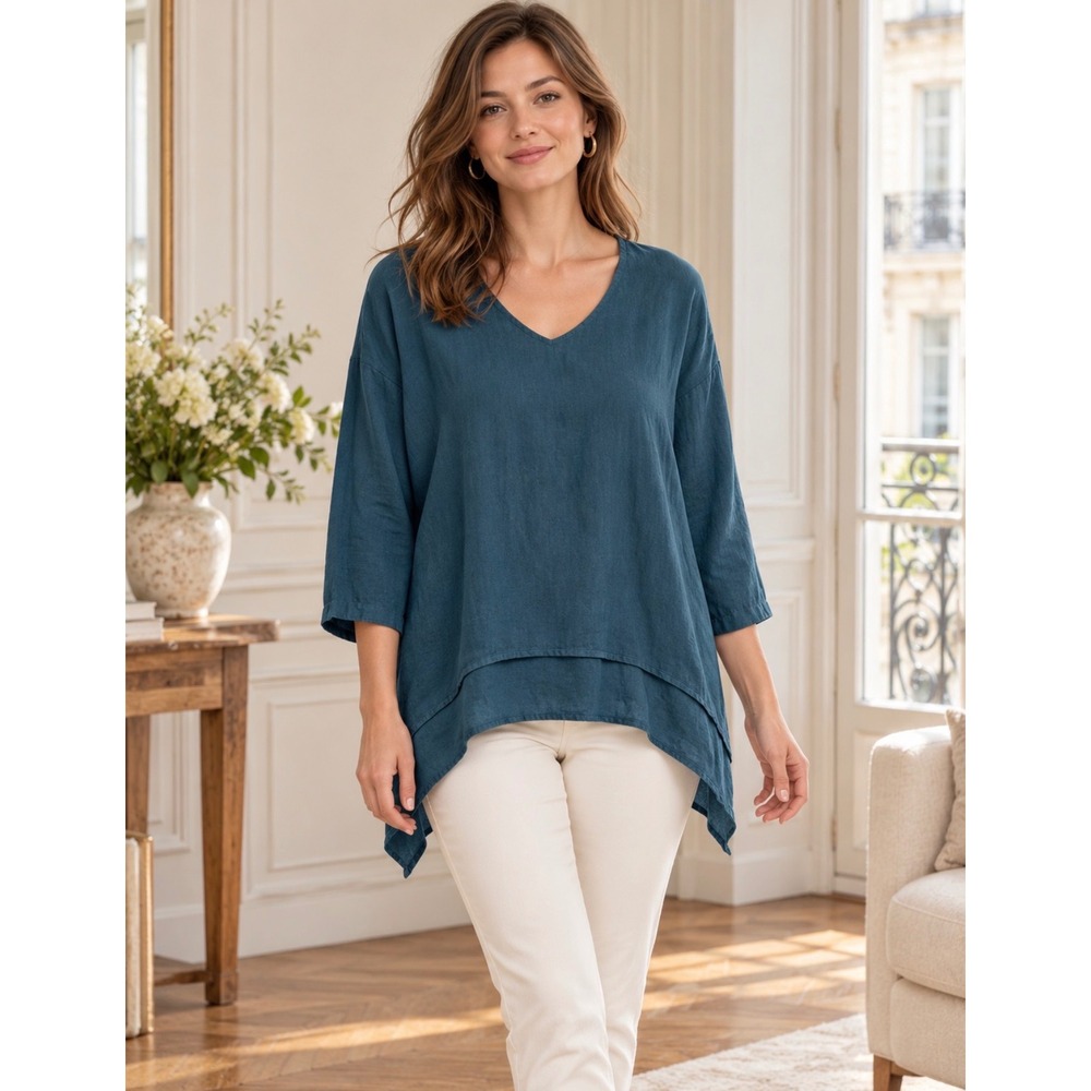 La Fixsun Womens Teal Blue Linen V-Neck Sharkbite Hem Tunic Blouse Size Medium